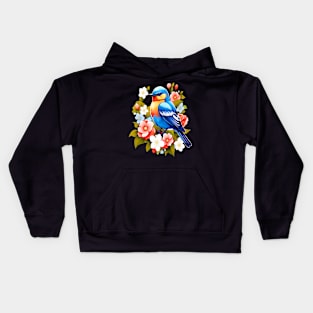 Cute Blue Bird Surrounded by Bold Vibrant Spring Flowers Kids Hoodie